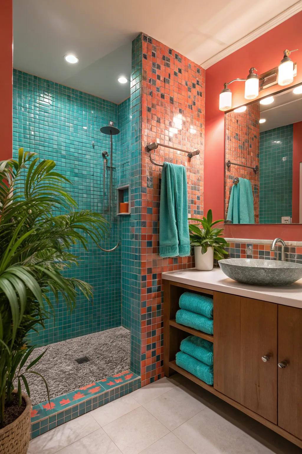 Create a captivating focal point with a mosaic feature wall that elevates your bathroom design.