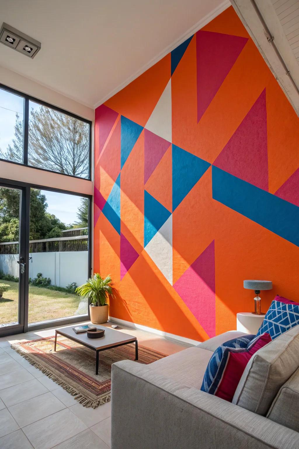 Make a bold statement in your living room with a geometric wall mural that captivates the eye.