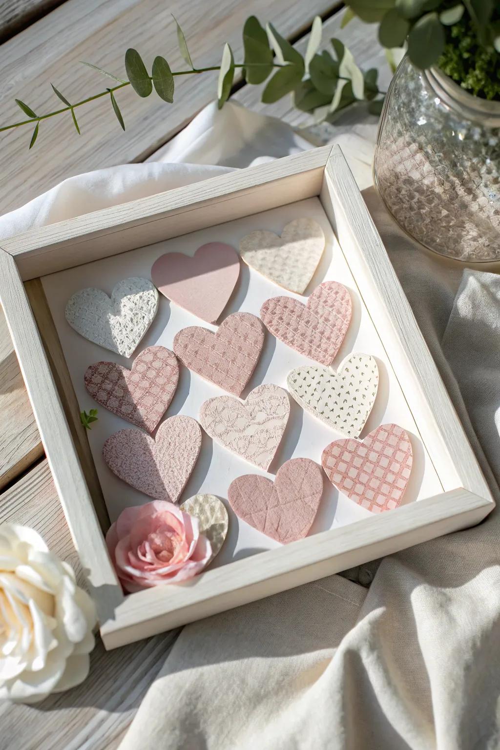 Create a thoughtful gift with a shadow box filled with paper hearts.