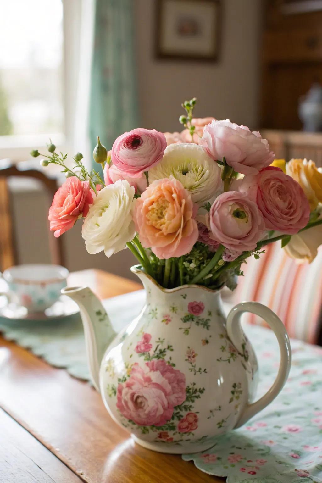Add a touch of whimsy with ranunculus blooms in a vintage teapot ☕️ #VintageDecor #FloralInspiration
