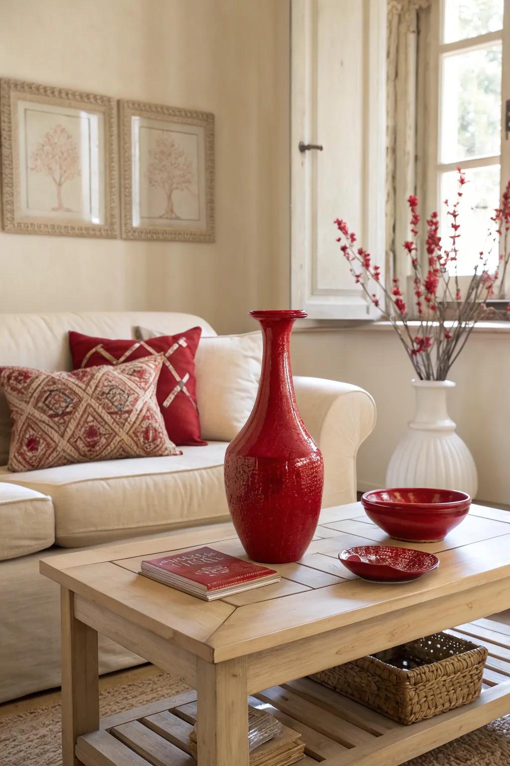 Achieve balance with cream walls and bold red decor that keeps your space airy and vibrant.