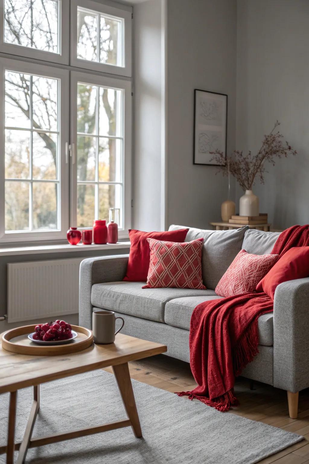 Let natural light amplify the beauty of red and gray tones in your space.