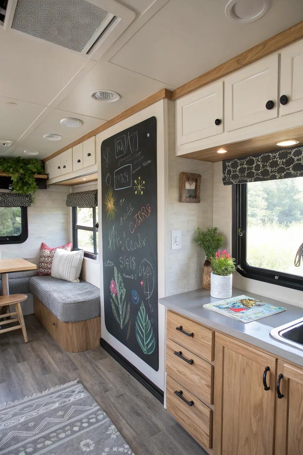 Chalkboard paint adds a fun and functional element to your RV, perfect for family creativity.