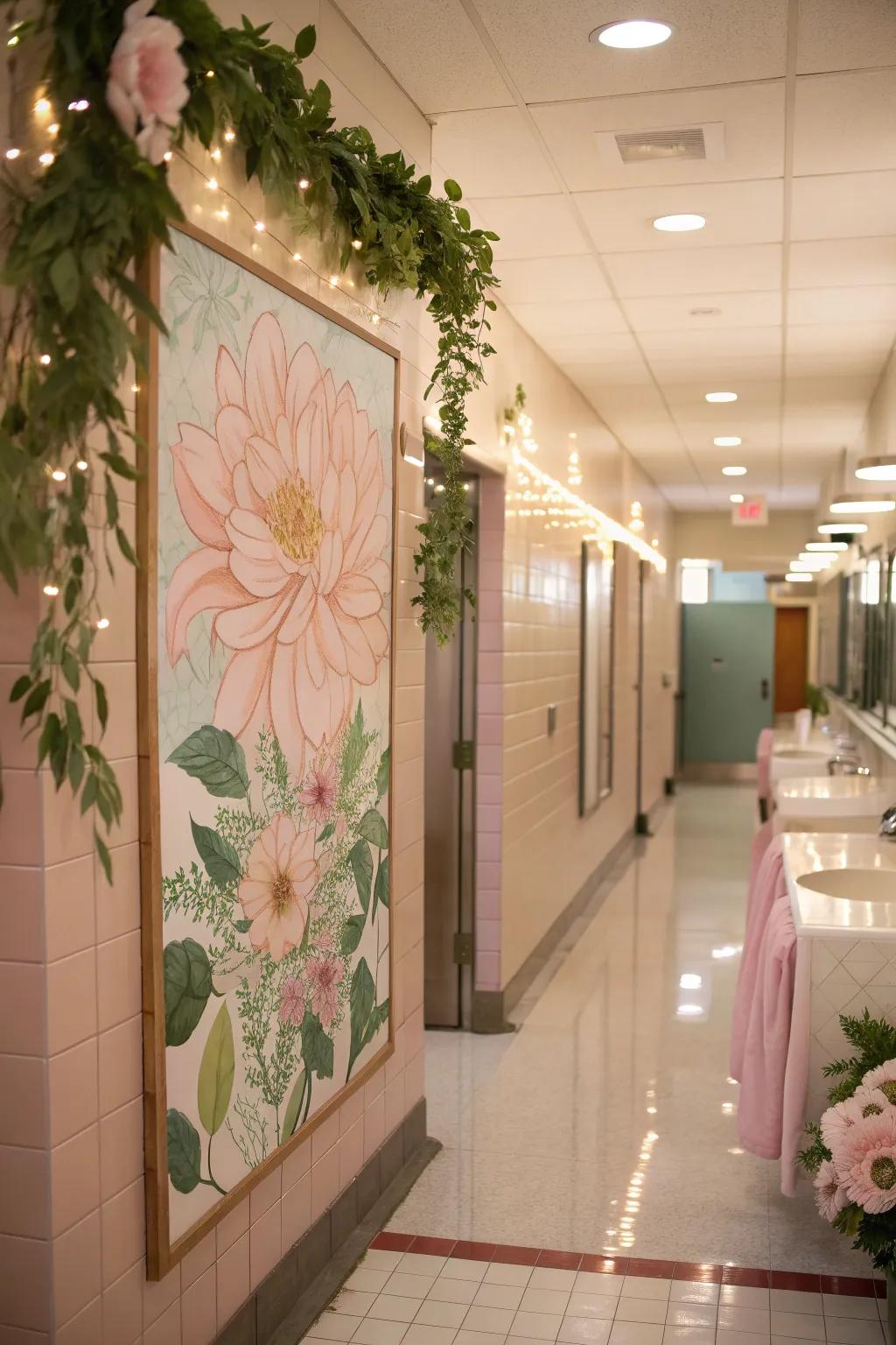 Elegance meets functionality with beautiful floral art that graces the bathroom walls.
