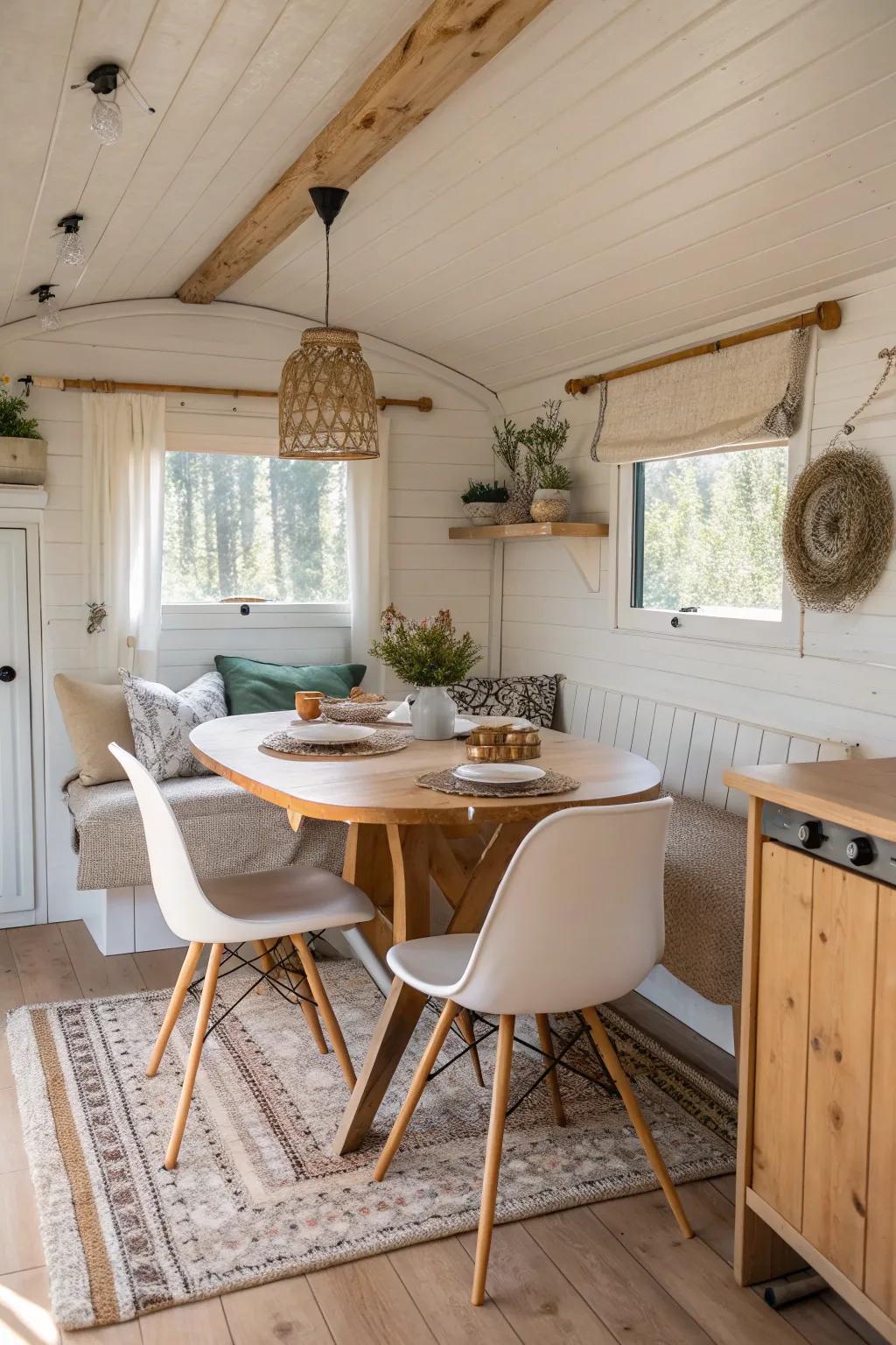 Create a cozy dining space with a wooden table and mismatched chairs.