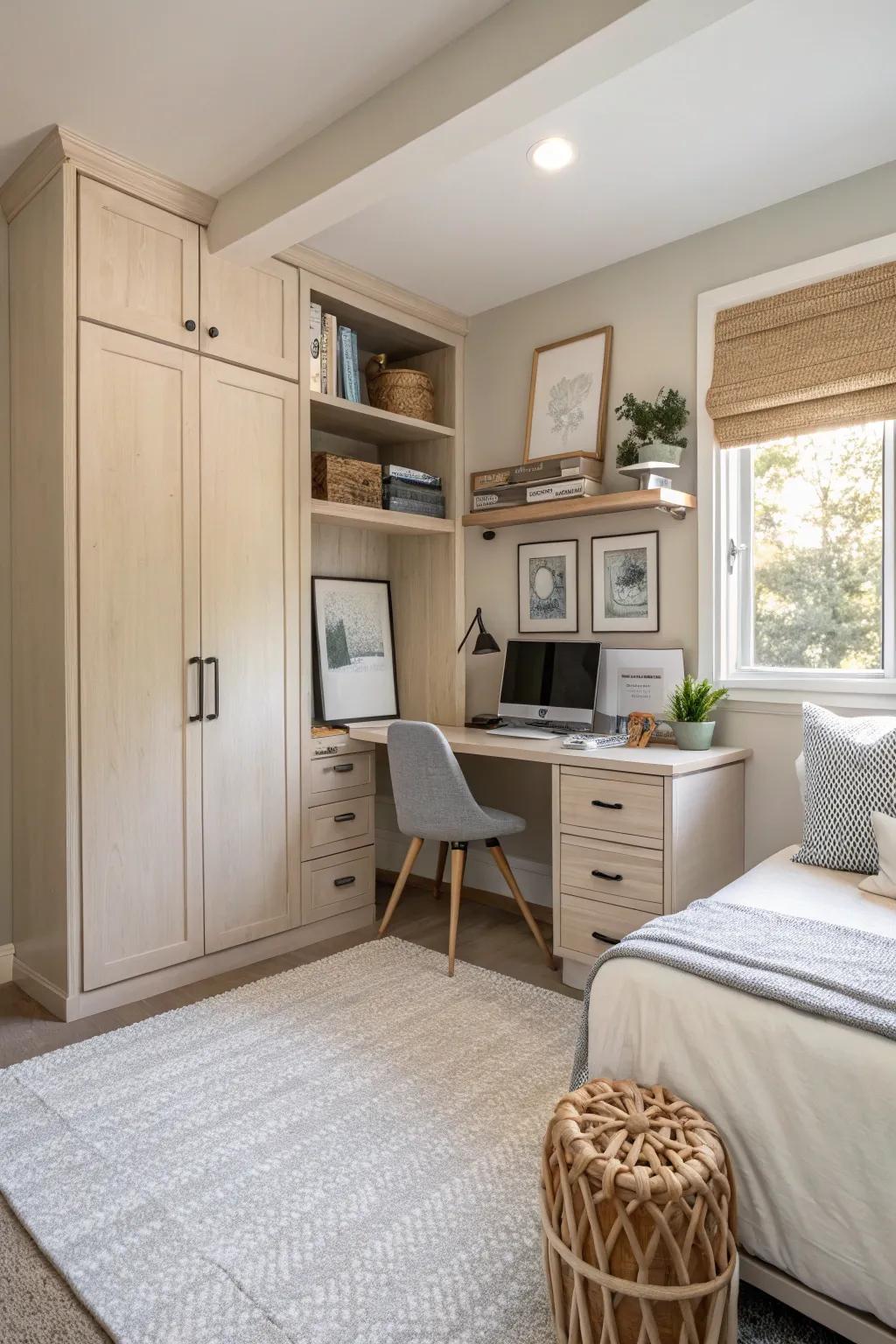 Neutral palettes create a serene and productive atmosphere in your multifunctional space.