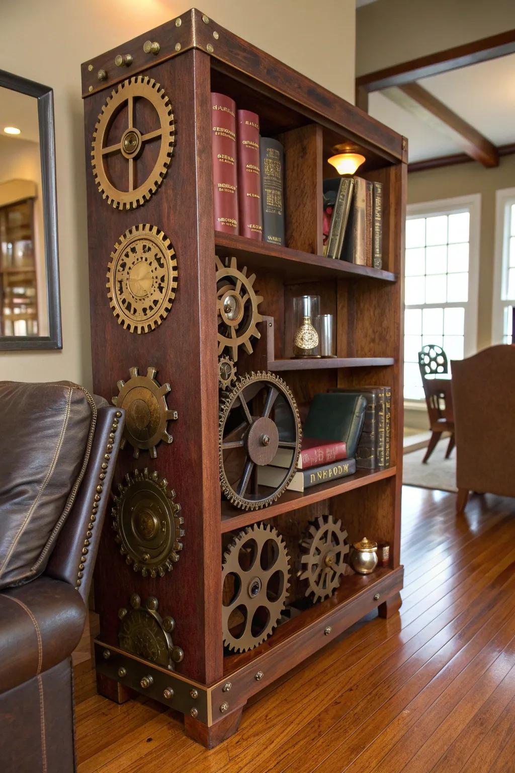 Let your bookshelf tell a story with gears and cogs, perfect for a steampunk flair.