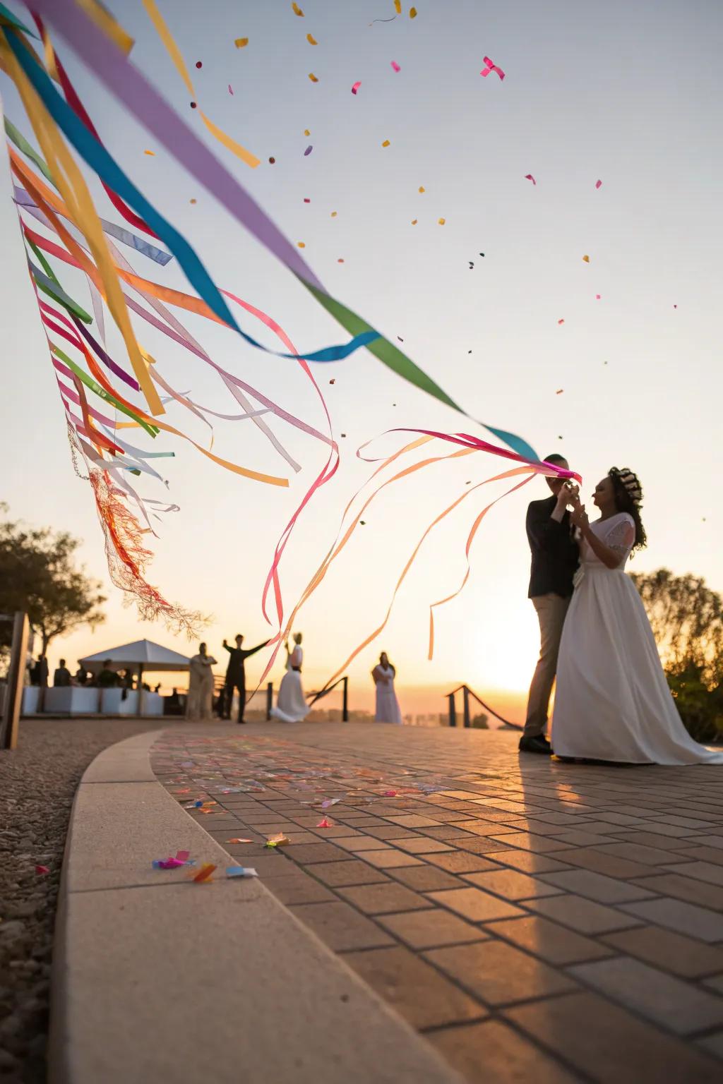 A cascade of streamers adds a festive flair to your wedding send-off.