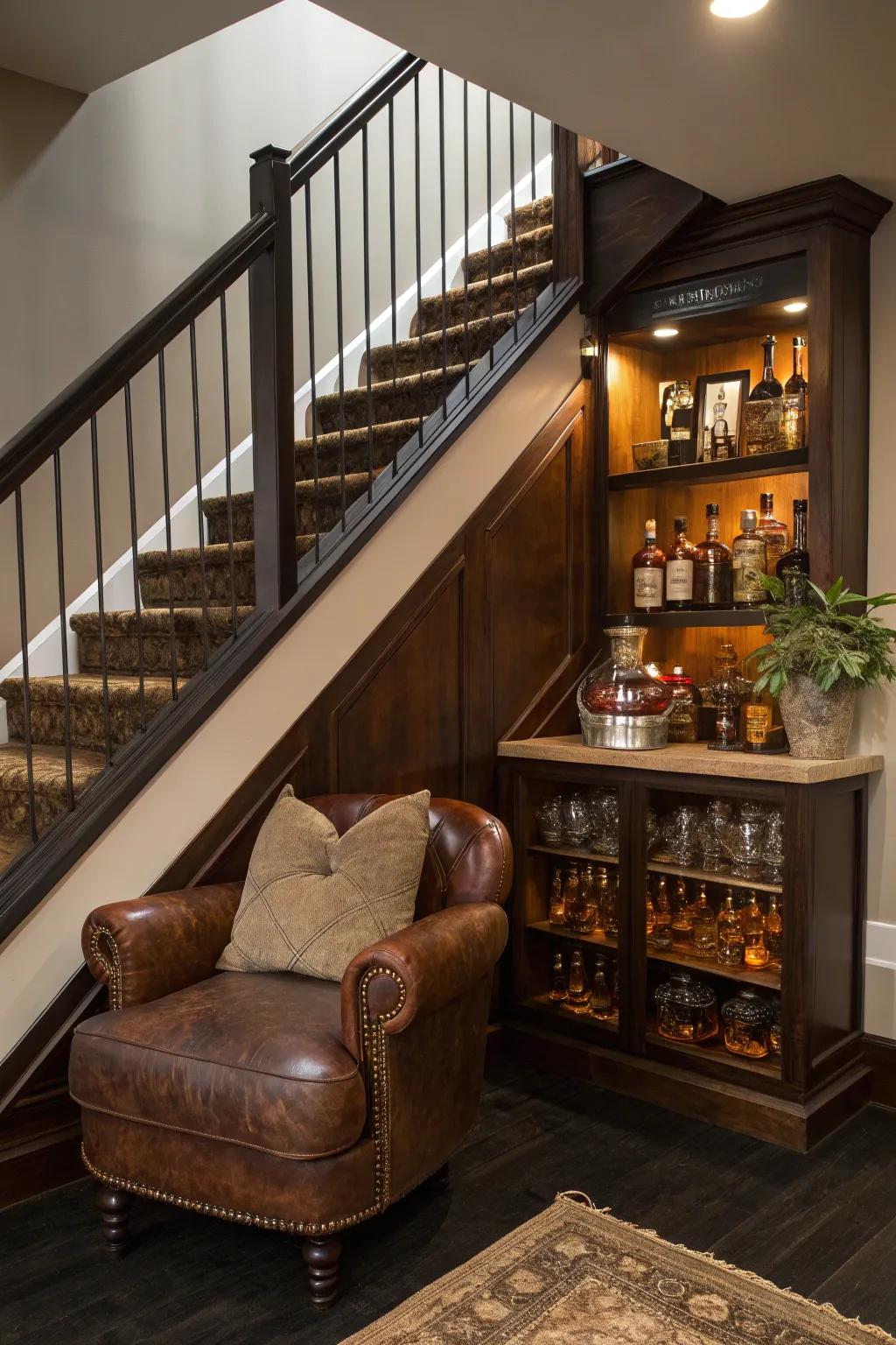 Surprise your guests with a hidden whiskey nook, perfect for cozy and unexpected storage.