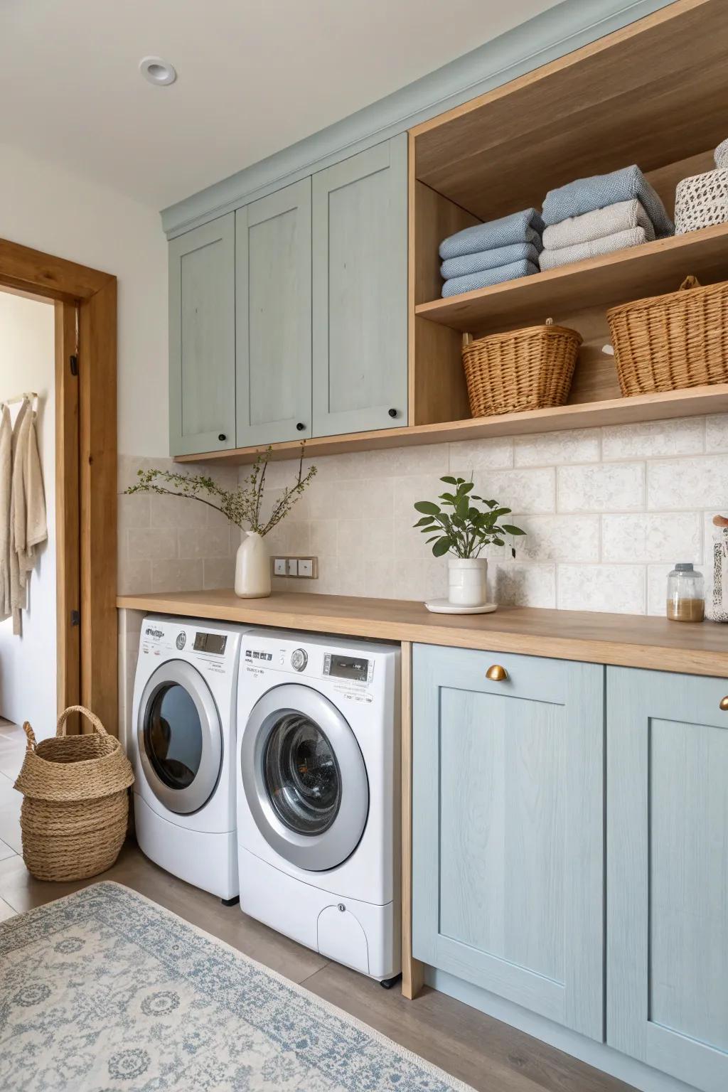 Elevate your laundry room with the elegance of color-coordinated cabinetry.