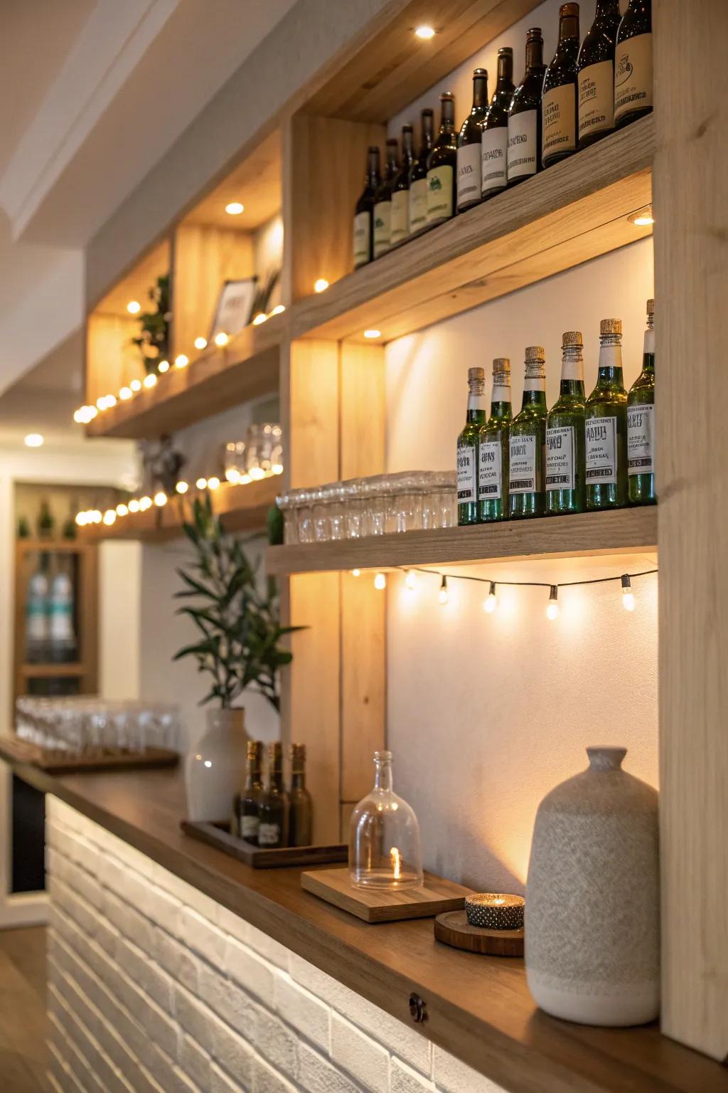 Show off your collection with illuminated bottle tiers that blend style and function. #DrinkDisplay #HomeBar