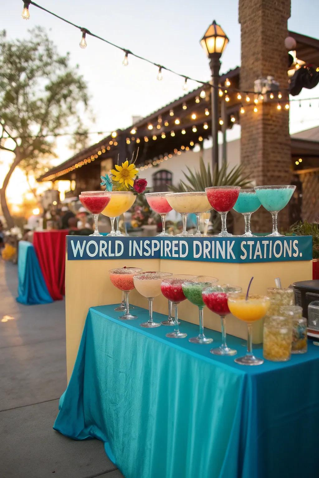 Travel the world through taste with globally-inspired drink stations. 🌍🍹 #GlobalFlavors #BarTheme