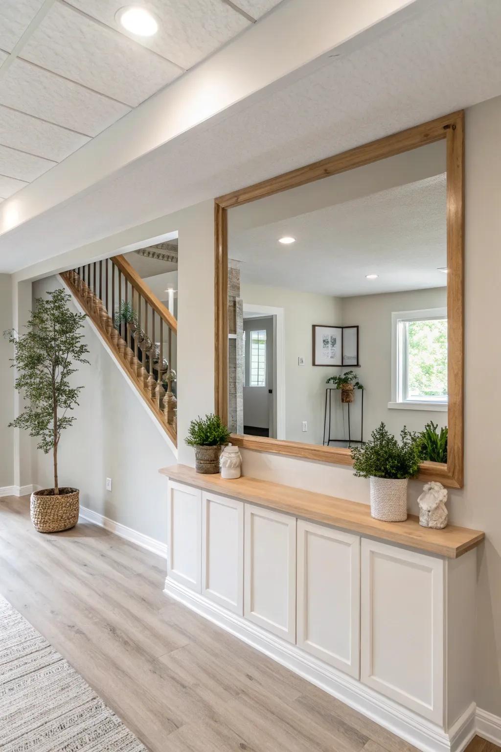 Double the light and space in your basement with a cleverly placed mirrored backdrop. 🪞