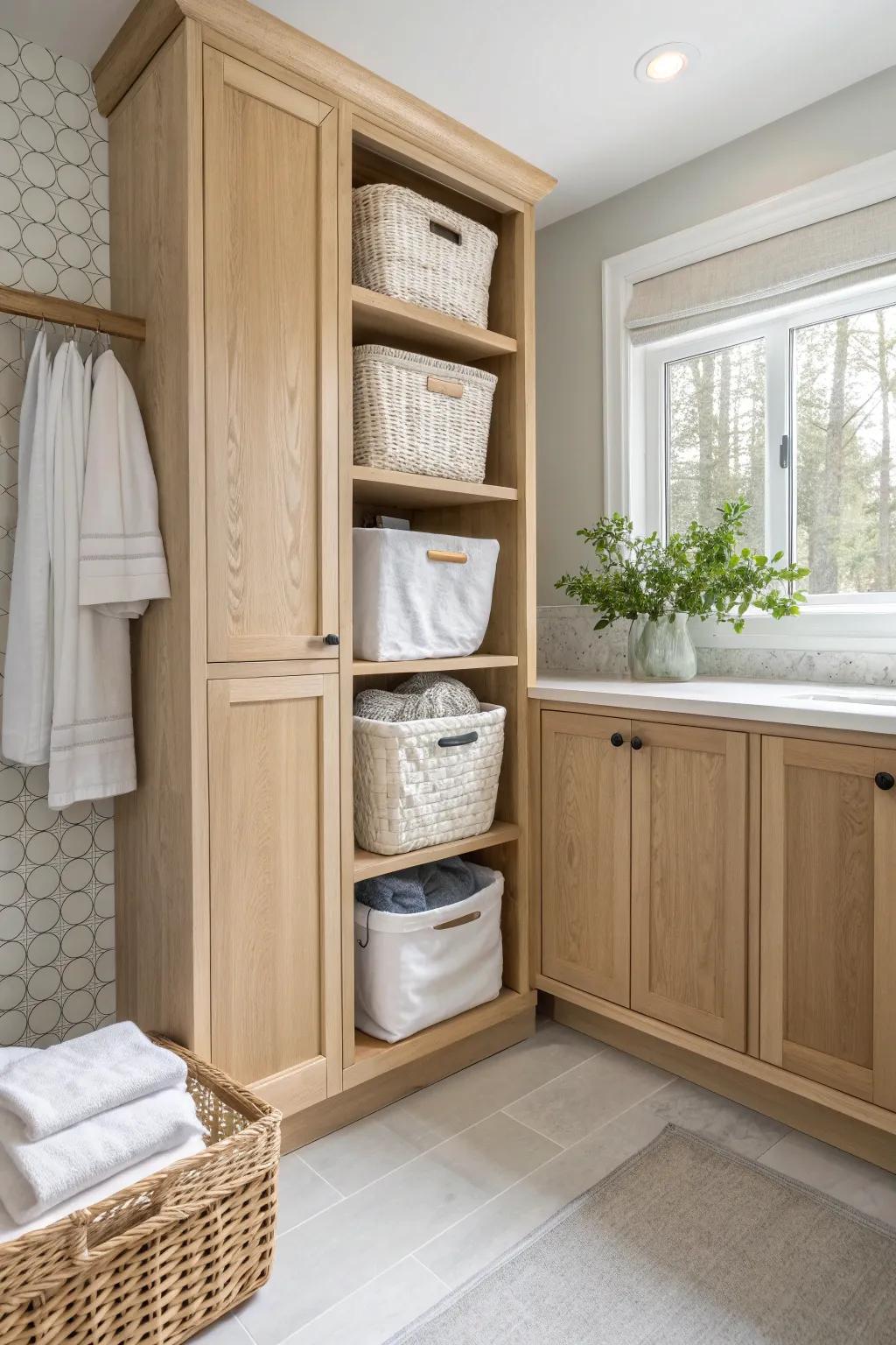 Effortlessly stylish, slide-out hampers make laundry a breeze. 🧺 #LaundrySolutions #BathroomStyle #OrganizedHome