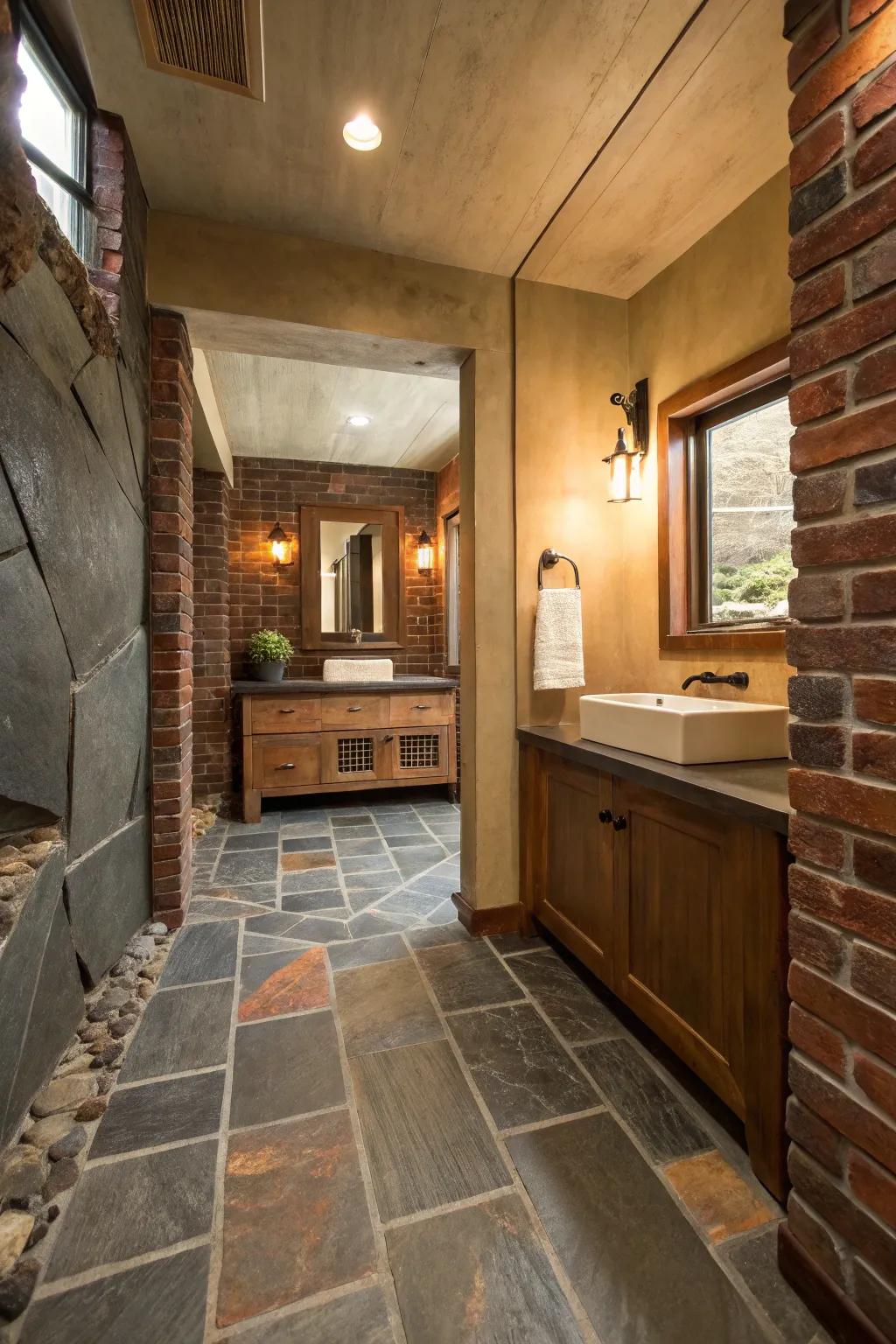 Mix slate with other materials for a dynamic and visually captivating bathroom. 🧱 #BathroomDesign #SlateFloors #MixedMaterials