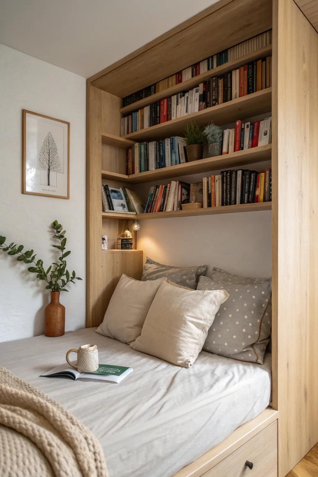 Create a book lover’s dream nook with built-in shelves for your literary collection. 📚 #ReadingNook #CozyCorner