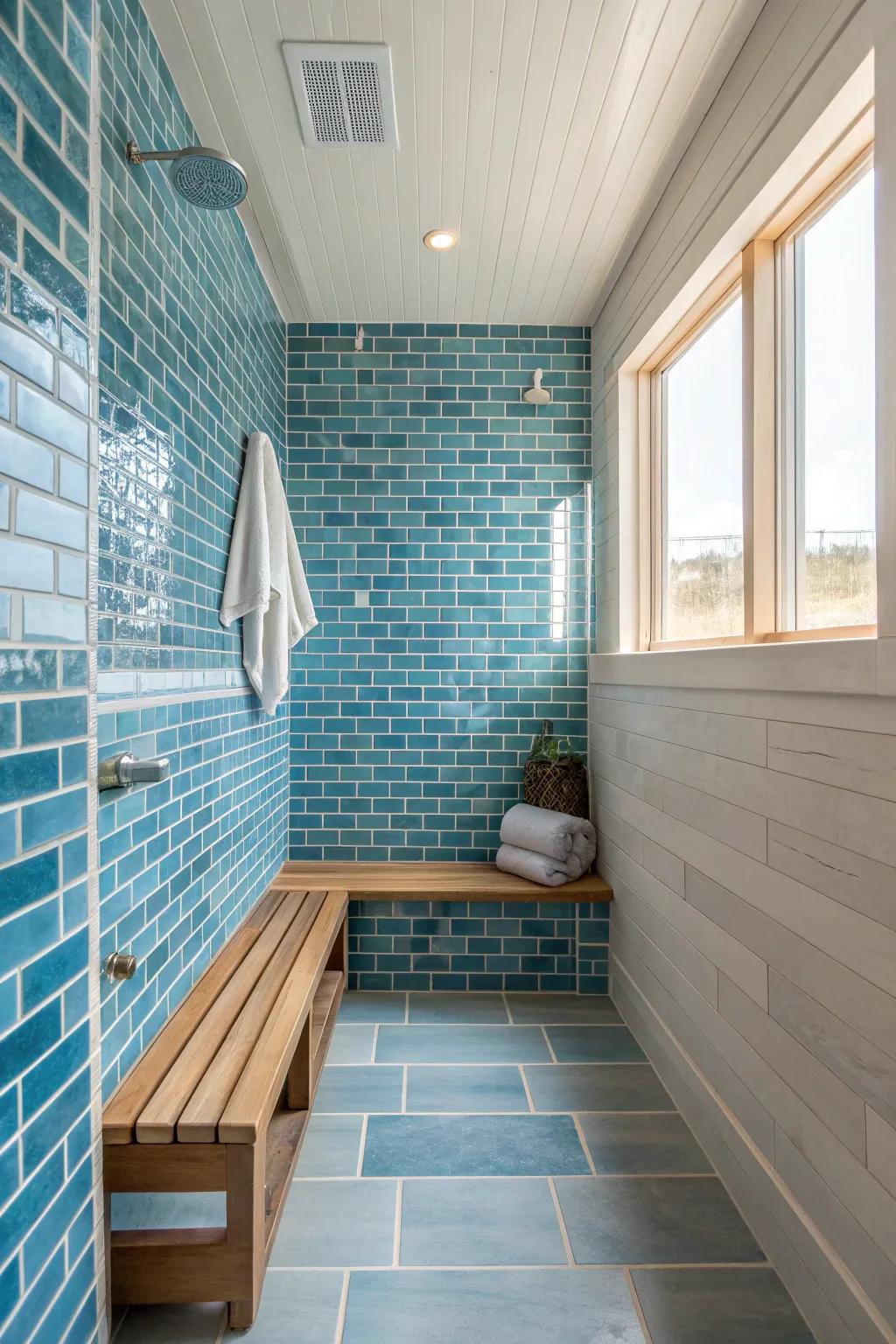 Achieve timeless elegance with a horizontal layout of blue glass tiles. ✨ #ClassicDesign #ElegantSpaces