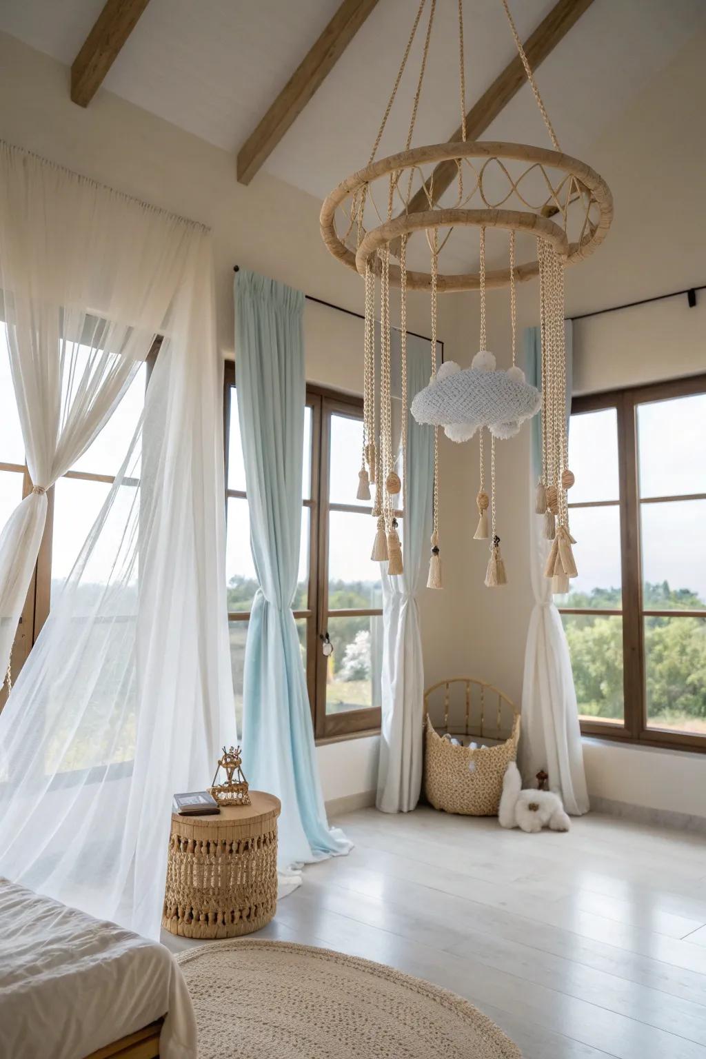 Add a whimsical flair with a cloud mobile that dances with the breeze. 🌬️ #BedroomDecor #WhimsyInDesign