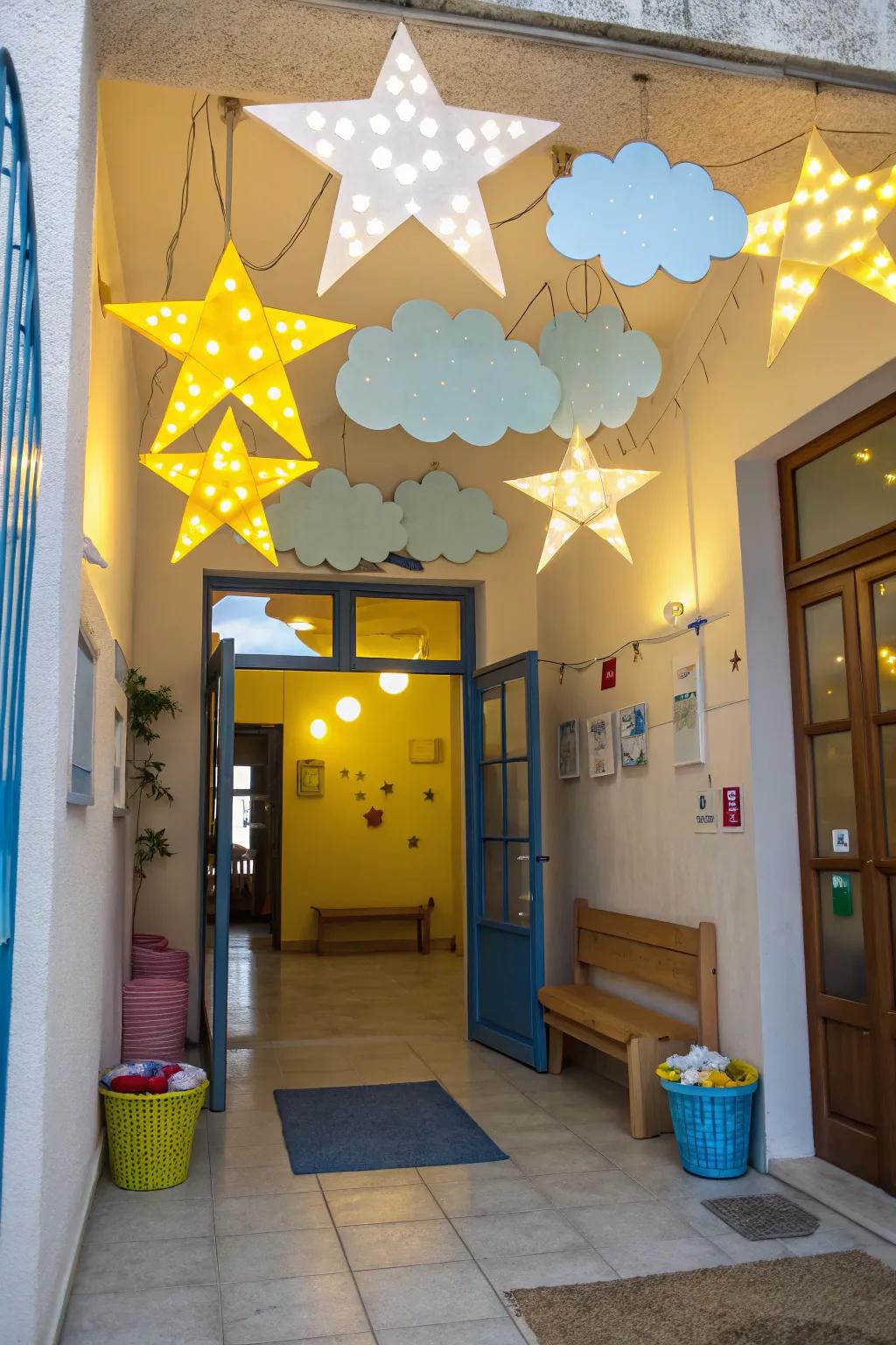 Whimsical light fixtures illuminate the way, adding a magical touch to the daycare entrance. ✨ #MagicalSpaces #DaycareDecor