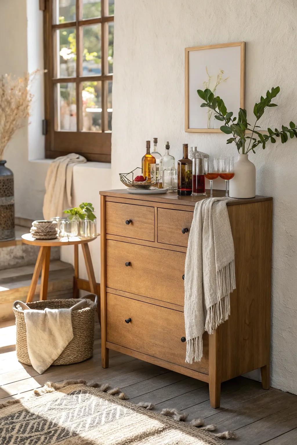 Upcycle with style by turning vintage furniture into a charming drink display. #UpcycledDecor #EcoFriendly #VintageCharm