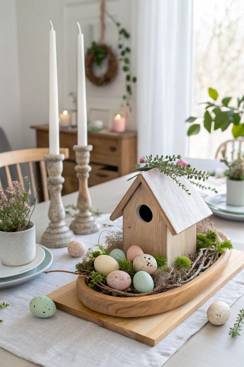 Add a touch of whimsy and new beginnings with a birdhouse centerpiece. 🐦 #EasterSurprise #SpringCharm