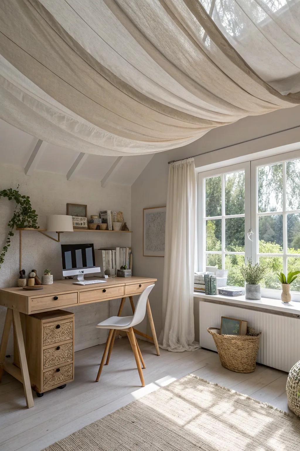 Elevate your workspace with elegant ceiling drapes that inspire productivity and style.