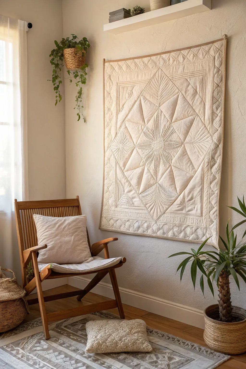 Quilted art pieces infuse your space with warmth and nostalgia. 🛏️ #CozyHome #QuiltArt