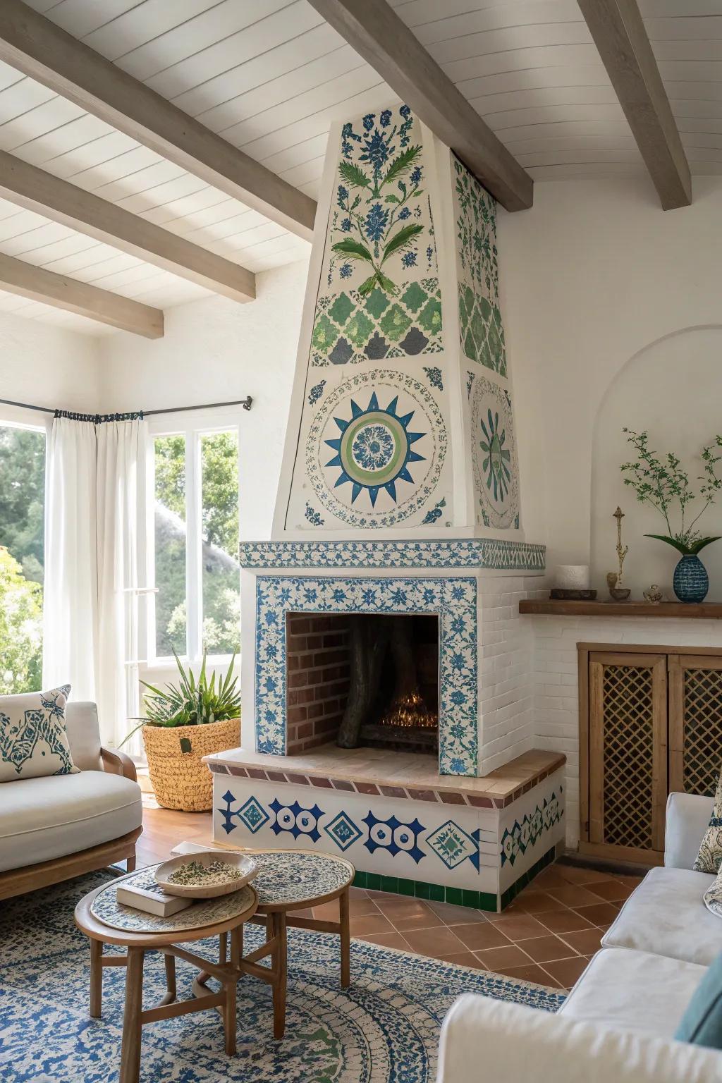 Make a statement with mosaic patterns that bring life and color to your fireplace. 🌈