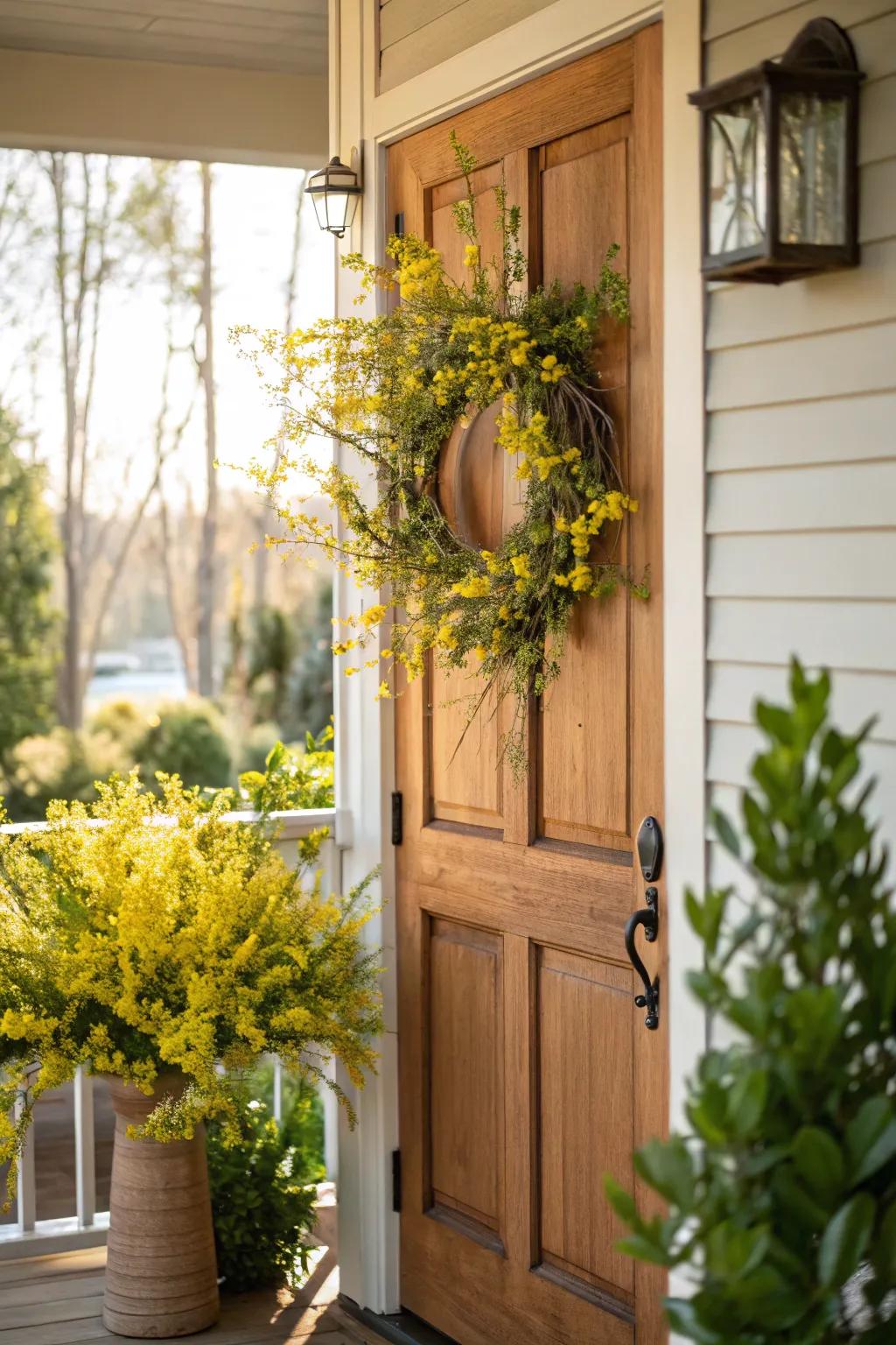 Welcome spring with a forsythia wreath that adds a burst of color to your entrance. 🌻🚪 #WreathLove #SpringWelcome