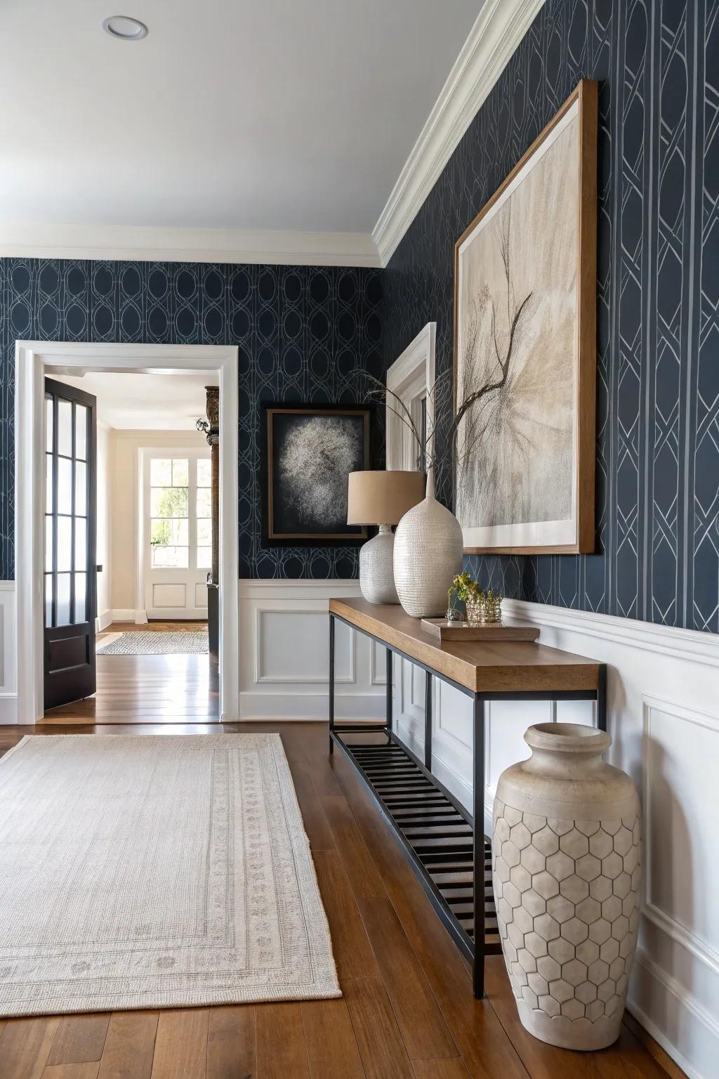 Dark tones add a touch of luxury, creating an entryway that exudes elegance. 🌌 #DarkElegance #BoldEntrances