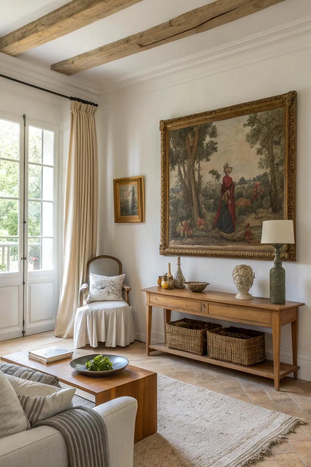 Curate a unique art collection that brings together the old and the new. #ArtCollection #FrenchStyle #InteriorDesign