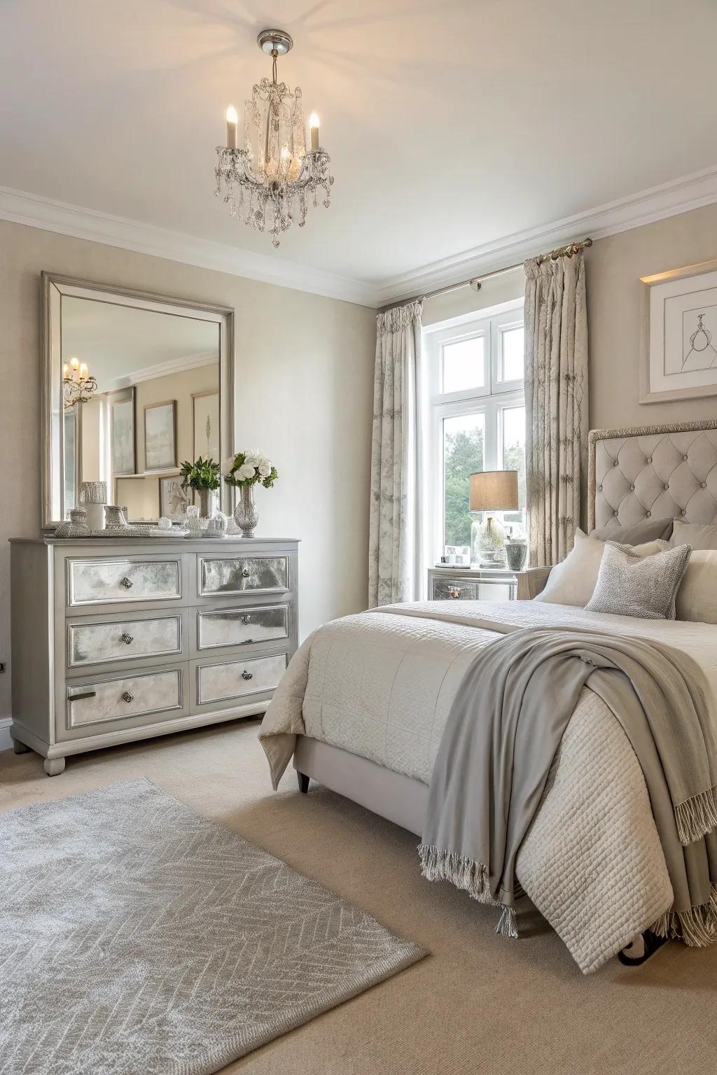 Brighten and expand your space with mirrored furniture that adds both function and flair. #InteriorInspiration #BrightSpaces