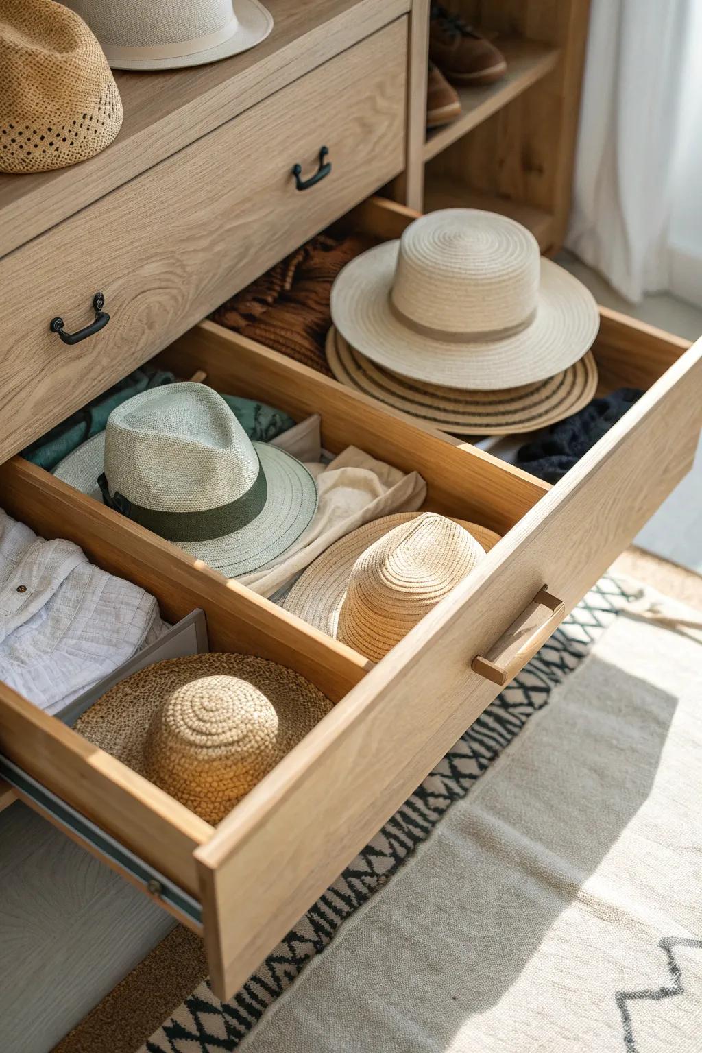 Ensure your hats stay in top condition with drawer dividers that offer organized storage. 📦🎩 #NeatAndTidy