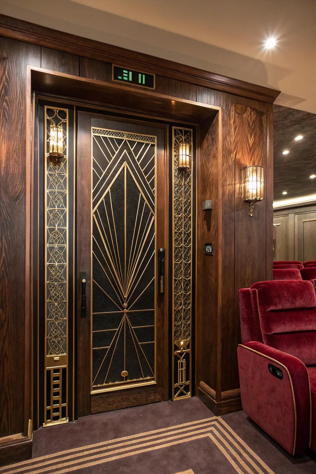 Step back in time with an Art Deco-inspired door that brings vintage glamour to your theater. #ArtDeco #VintageVibes ✨