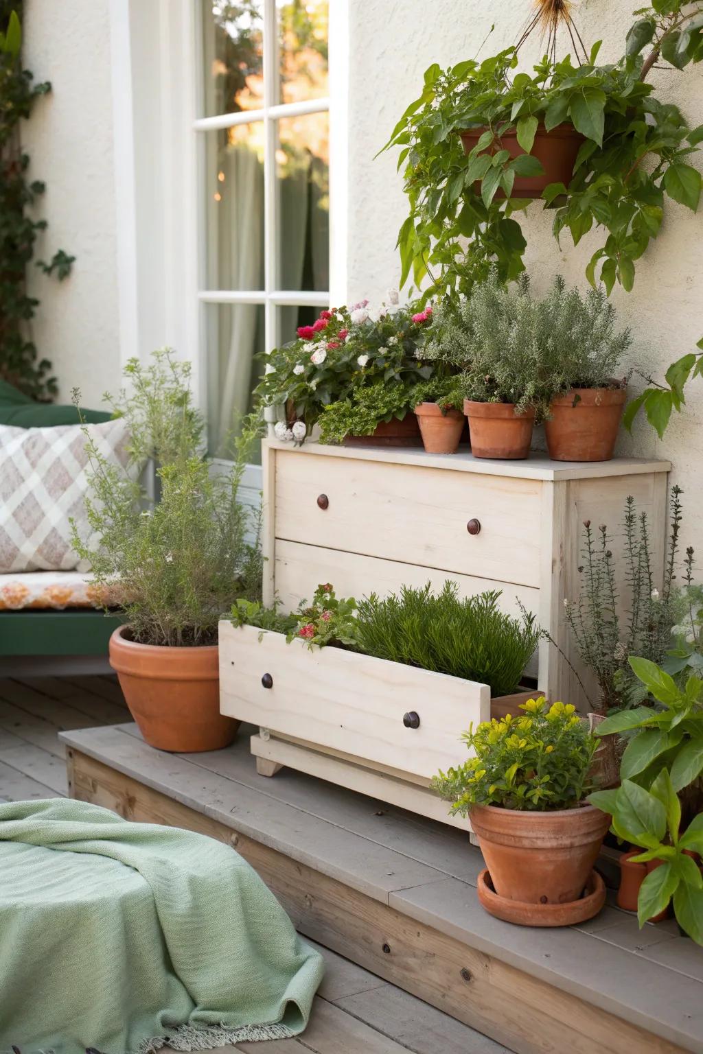 Surprise guests with a repurposed dresser drawer that serves as a whimsical plant pot. 🌷 #Repurpose #GardenUpcycle