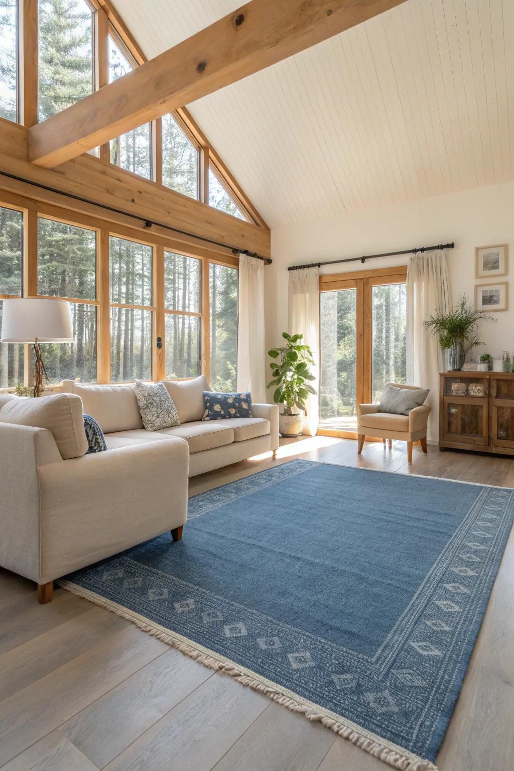 A blue rug grounds your living space, adding cohesion and style. #InteriorGoals #RugLove