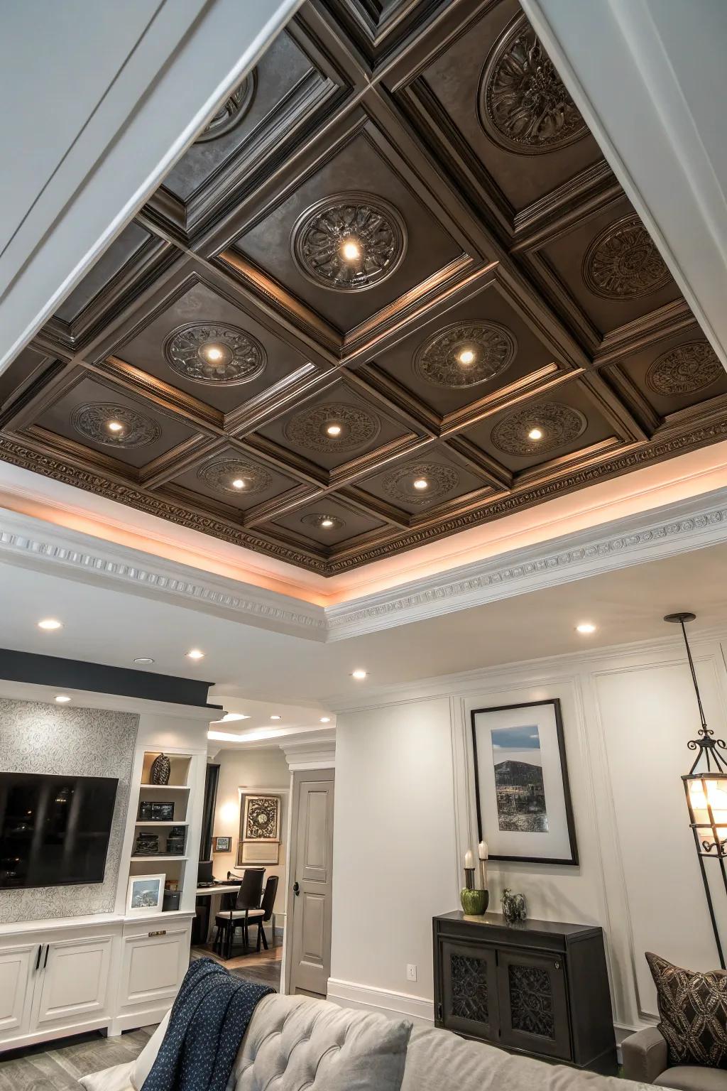 Add a chic metallic touch for a contemporary edge that dazzles. #MetallicDecor #Glamour #CofferedCeiling