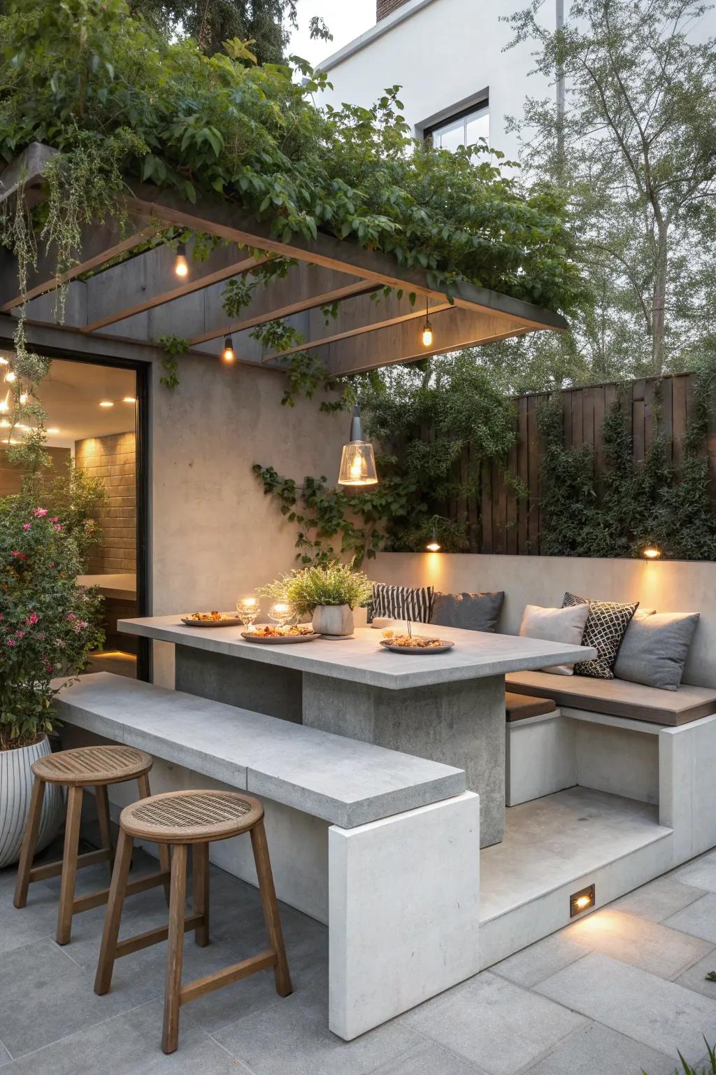 Enjoy meals outdoors with concrete seating that offers style and durability. 🌟 #OutdoorDining #ConcreteSeating