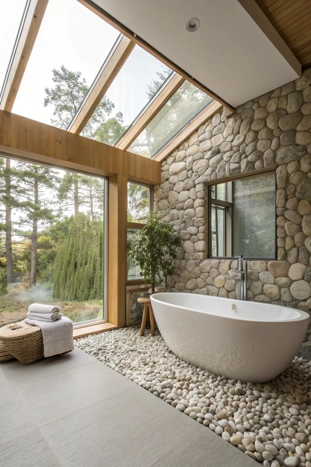 Let natural light illuminate your bathroom, enhancing the serene beauty of pebbles. ☀️ #NaturalLight #PebbleDesign #BathroomBliss