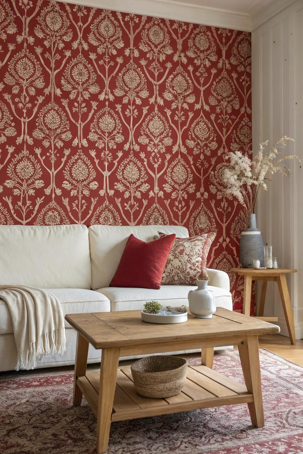Create visual intrigue with bold patterned wallpaper. #WallpaperTrends #LivingRoomGoals