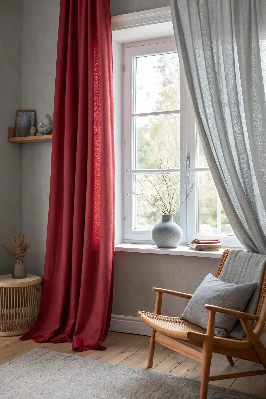 Frame your view with elegant red and gray curtains for an elevated room ambiance. 🪟 #WindowDecor #HomeStyle