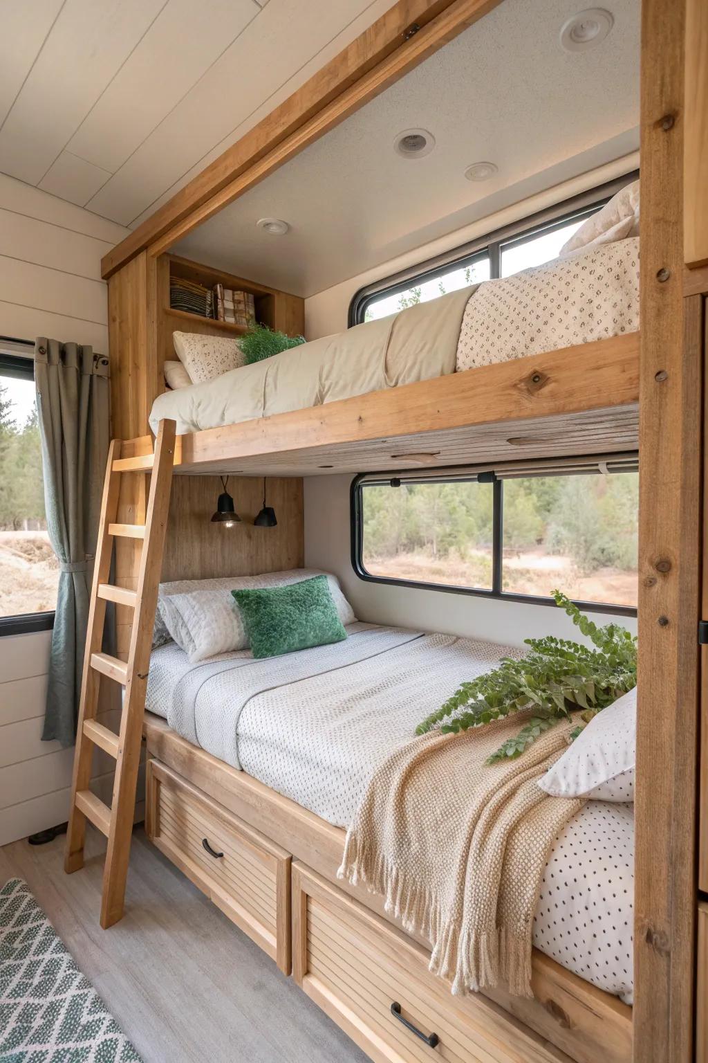 Bring rustic charm to your RV with natural wood bunk beds. 🌲🛏️ #RVStyle