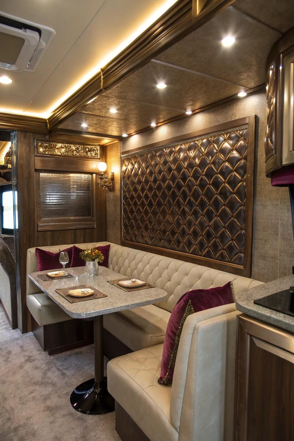 Metallic finishes add a touch of glamour, reflecting light for a dazzling effect. #MetallicDesign #GlamRV #InteriorShine