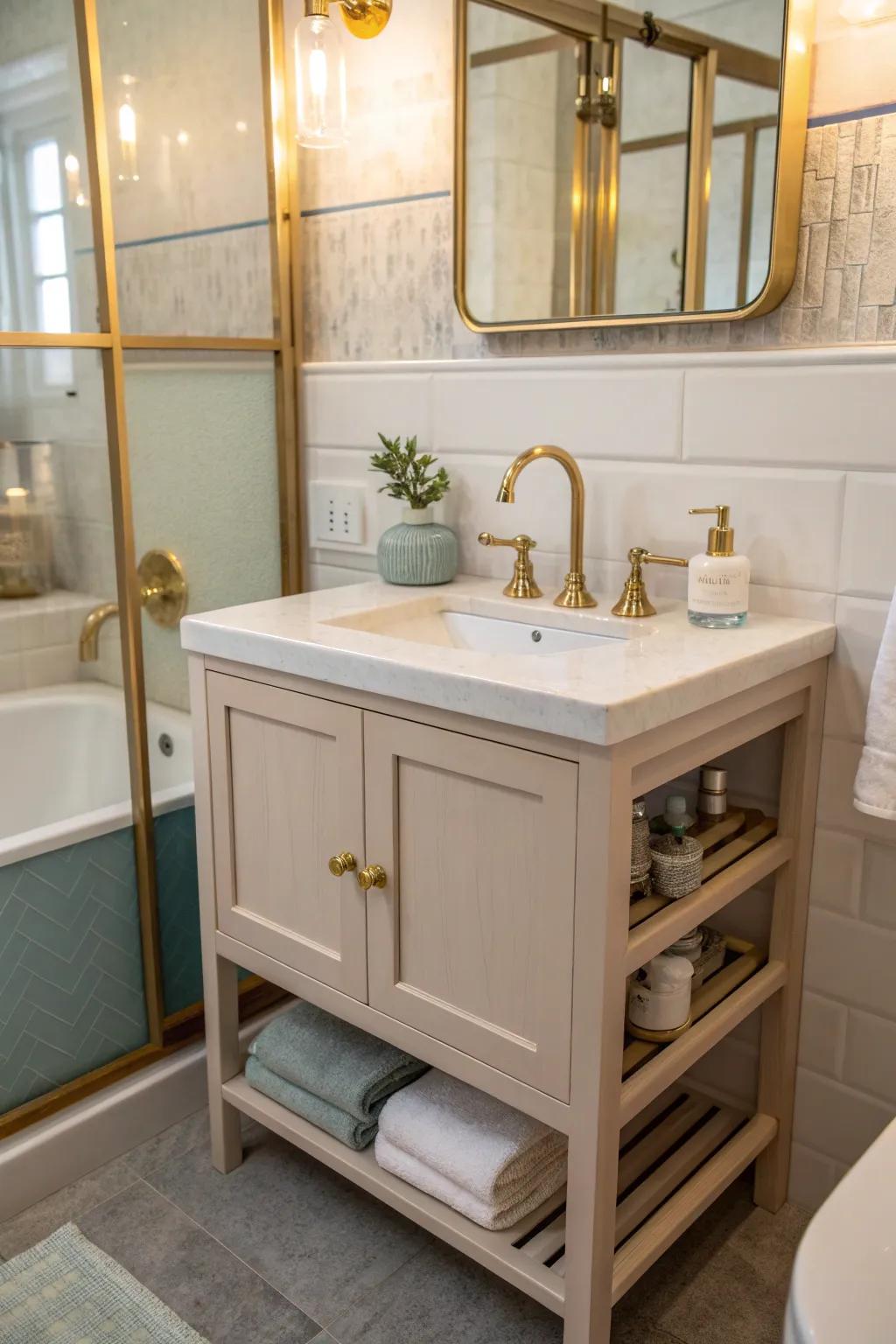 Hidden storage solutions keep your bathroom tidy and serene. #ClutterFree #BathroomStorage