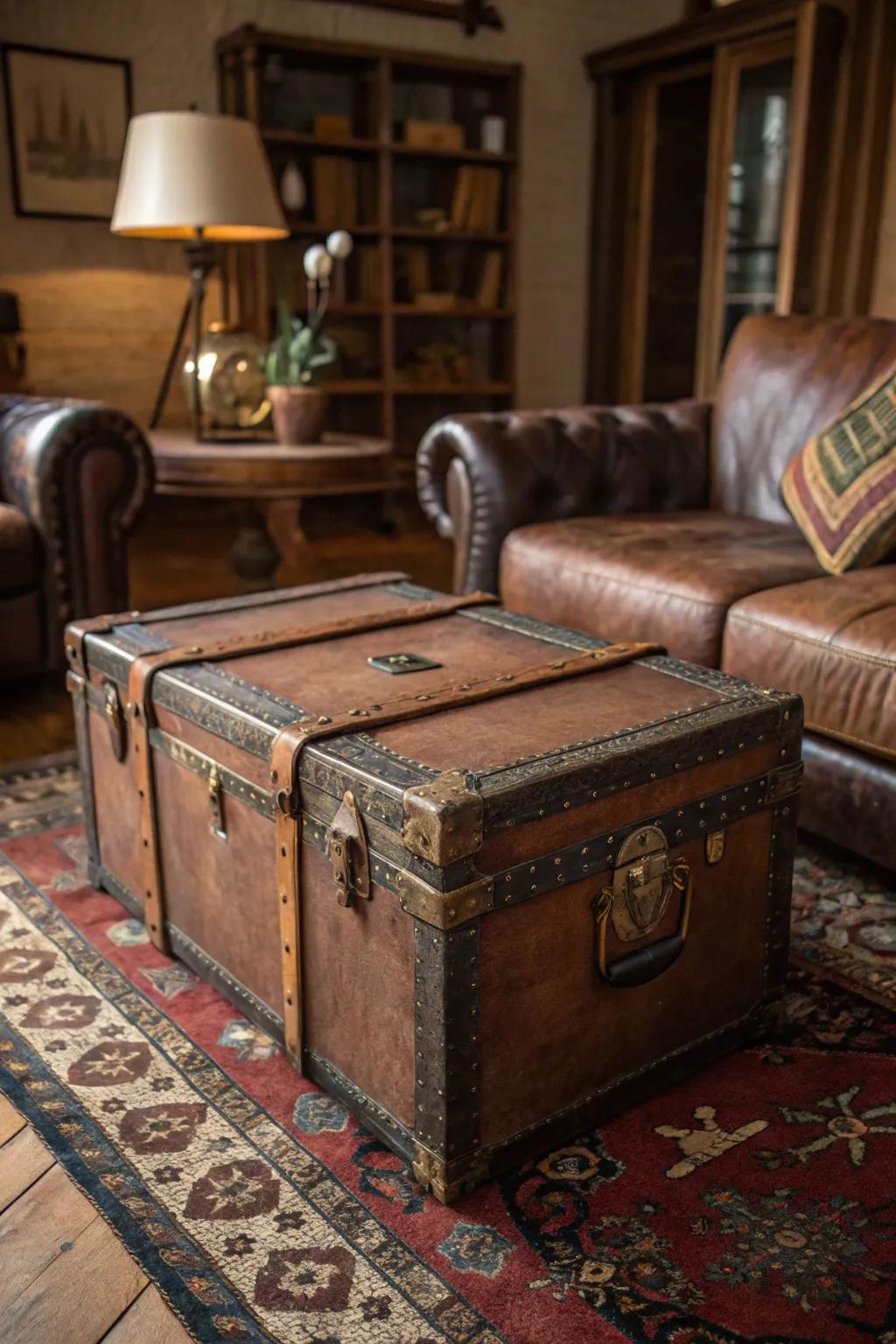 Add a touch of adventure with a vintage trunk coffee table in your steampunk living room. 🧳 #VintageTrunk #SteampunkStyle