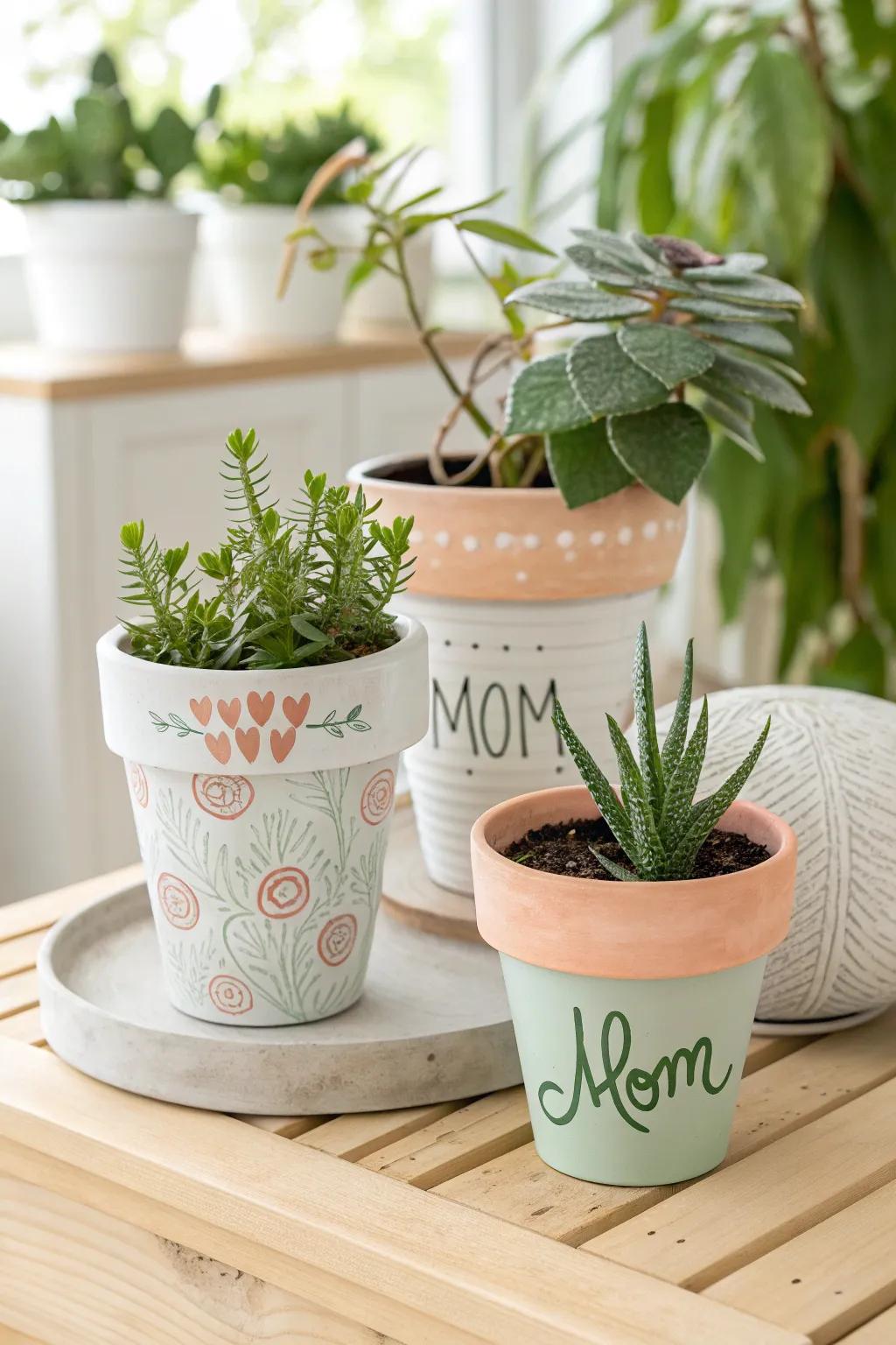 Personalized flower pots add a custom touch to Mother's Day gifts.