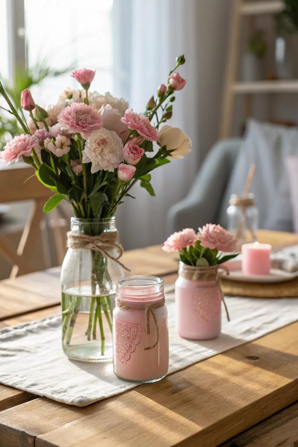 Create a romantic display with painted glass jars filled with delicate blooms. 🌸 #DIYDecor #FloralDesign