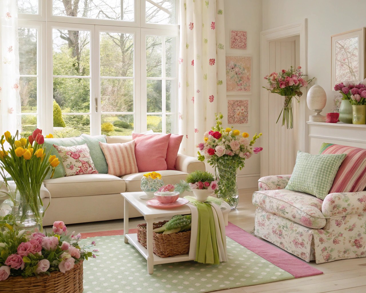 A home refreshed with spring colors and vibrant plant life.