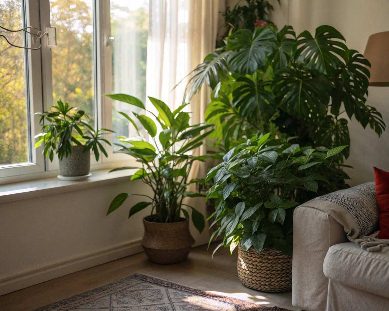 Biophilic design elements resetting a room's mood and improving air quality.