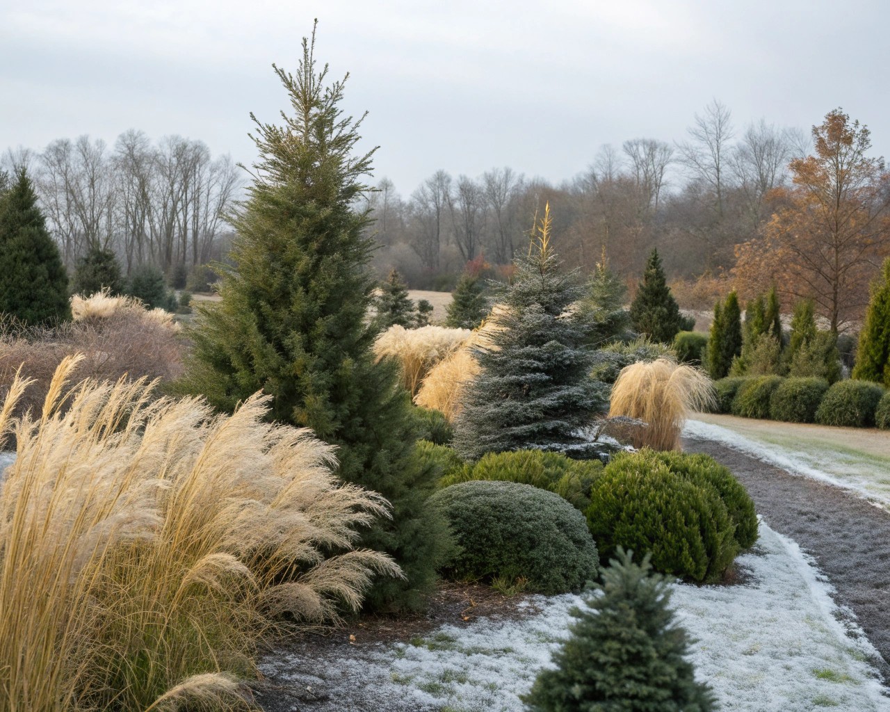 Incorporating structural plants and sculptures ensures year-round garden interest.